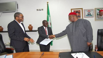 .. Yusuf Kazaure, MD/CE Galaxy Backbone Ltd (middle)  in a congratulatory handshake with Chief Anyim Pius Anyim, SGF and Chairman, Board of Directors, Galaxy Backbone Ltd (right)  at a valedictory board meeting and formal presentation of handover notes by Gerald Chukwuka Ilukwe, outgoing MD.